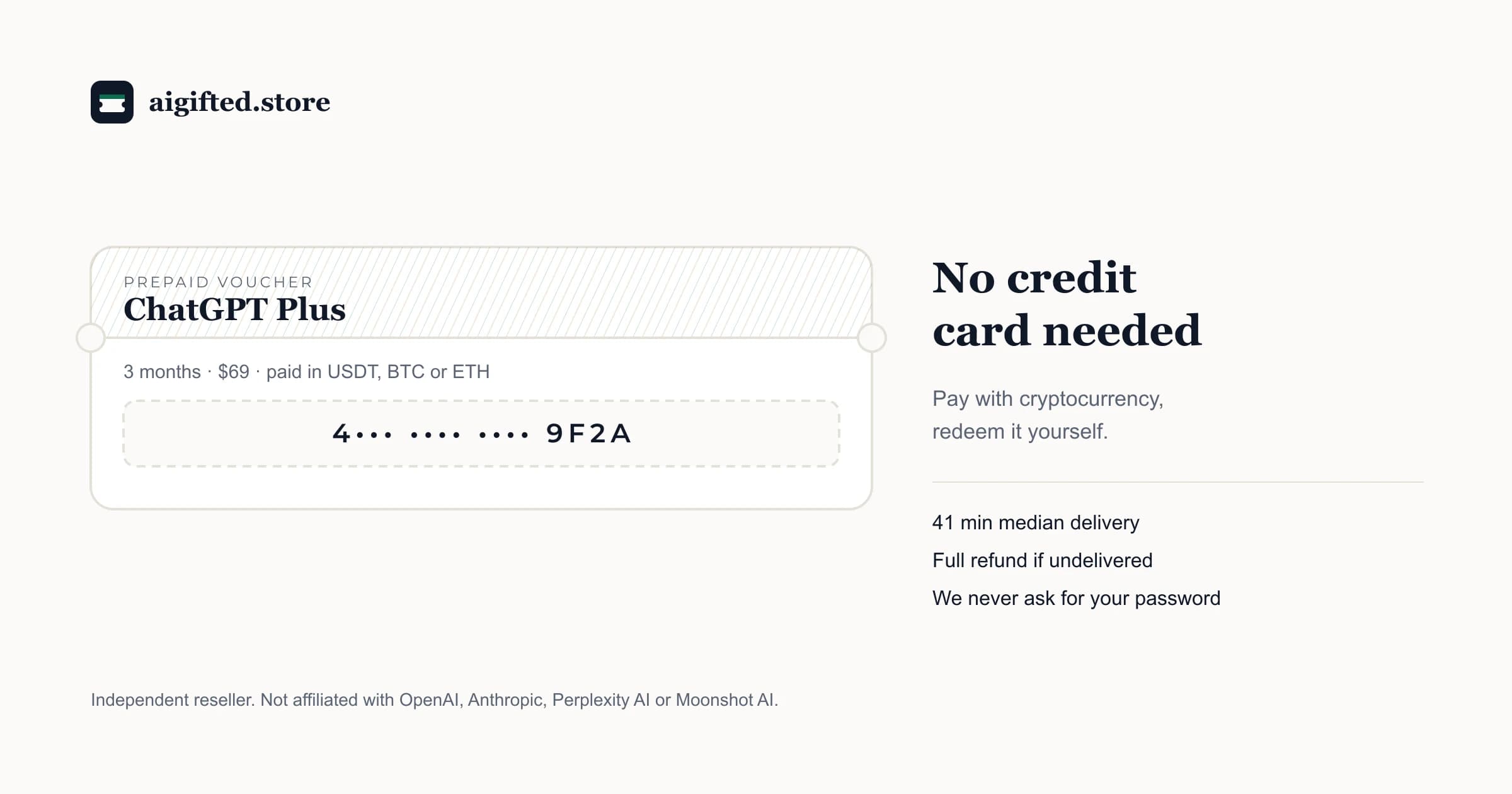 ChatGPT Plus for three months paid with crypto — a $69 prepaid voucher bought with USDT, Bitcoin or Ethereum without a credit card