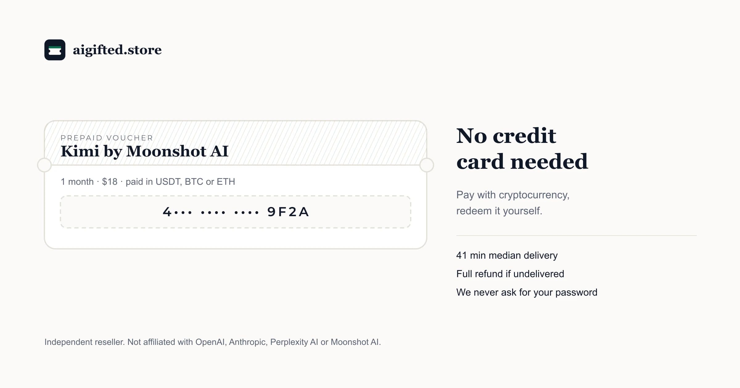 Kimi subscription from Moonshot AI paid with crypto — a one-month prepaid voucher for $18 in USDT, Bitcoin or Ethereum