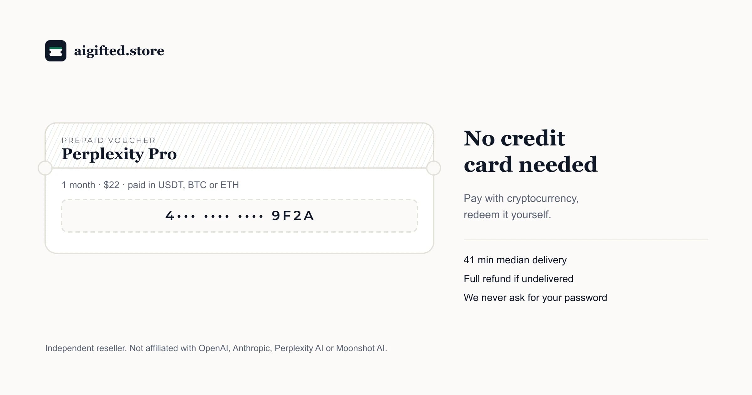 Perplexity Pro subscription paid with crypto — a one-month prepaid voucher for $22 in USDT, Bitcoin or Ethereum