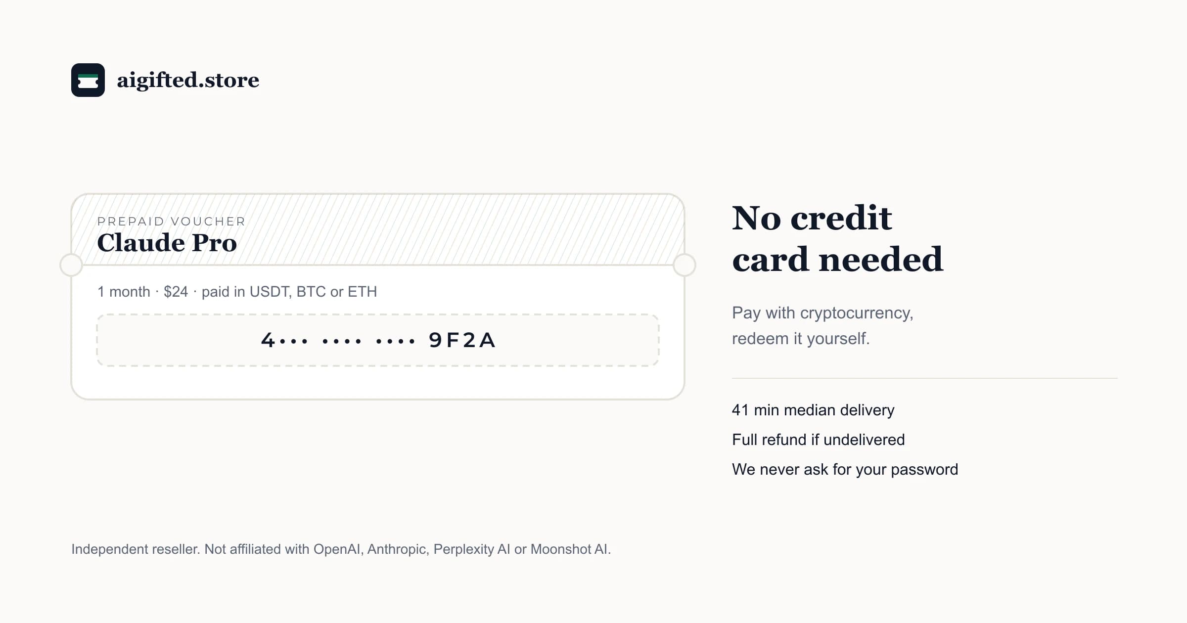 Claude Pro subscription paid with crypto — a one-month prepaid voucher for $24 in USDT, Bitcoin or Ethereum, no credit card needed